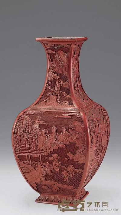 清 剔红山水人物方瓶 高31.6cm